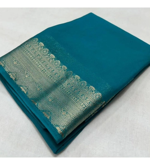 Women's Crepe Chit Pallu Solid Saree With Unstitched Blouse 5.5Mtr (Sky Blue)