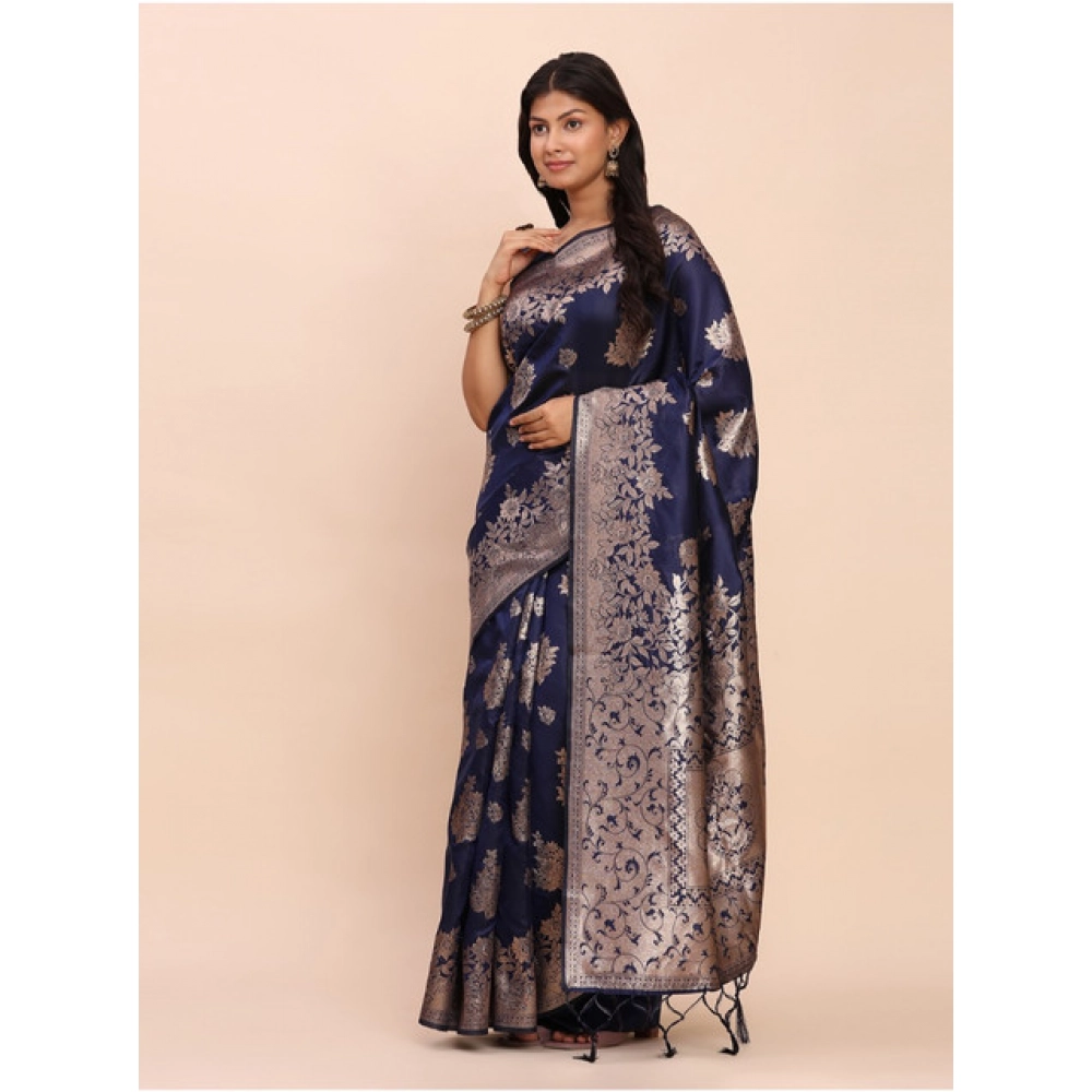 Women's Banarasi Silk Printed Saree With Unstitched Blouse 5.5Mtr (Navy Blue) Women's Banarasi Silk Printed Saree With Unstitched Blouse 5.5Mtr (Navy Blue)