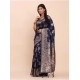 Women's Banarasi Silk Printed Saree With Unstitched Blouse 5.5Mtr (Navy Blue)
