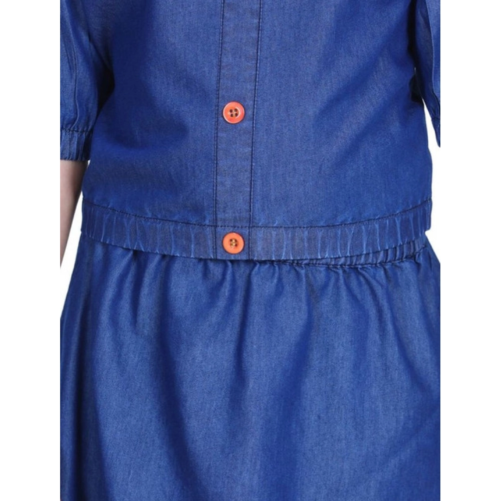 Girl's Denim Solid Cold Shoulder Top and Skirt Set (Navy Blue)