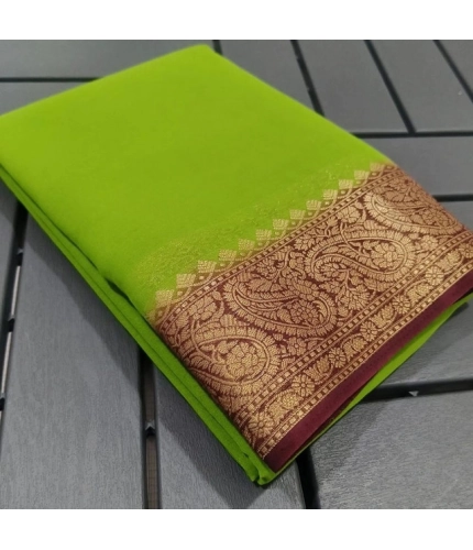 Women's Crepe Chit Pallu Solid Saree With Unstitched Blouse 5.5Mtr (Green)