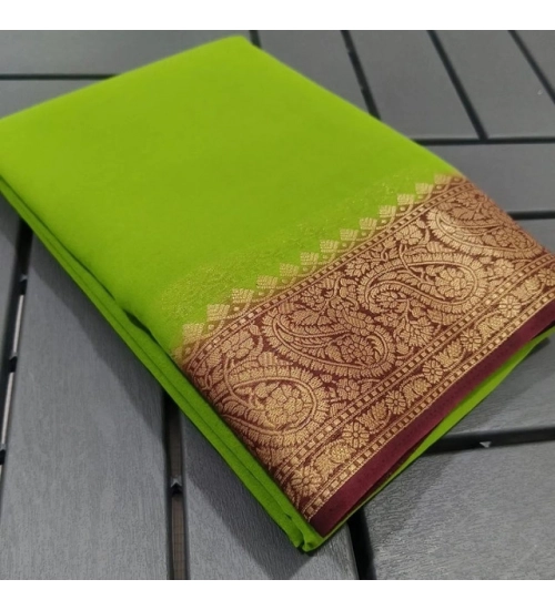 Women's Crepe Chit Pallu Solid Saree With Unstitched Blouse 5.5Mtr (Green)