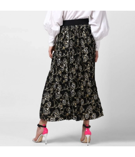 Women's Georgette Chain Print Elasticated Skirt (Black-Cream)