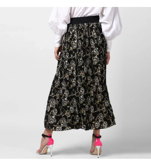Women's Georgette Chain Print Elasticated Skirt (Black-Cream) Women's Georgette Chain Print Elasticated Skirt (Black-Cream)