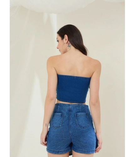 Women's Denim Lycra Solid Sleeveless Top (Blue)