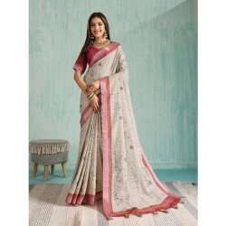 Women's Silk Blend Printed Saree With Unstitched Blouse 5.5Mtr (Beige)