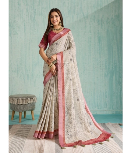 Women's Silk Blend Printed Saree With Unstitched Blouse 5.5Mtr (Beige)