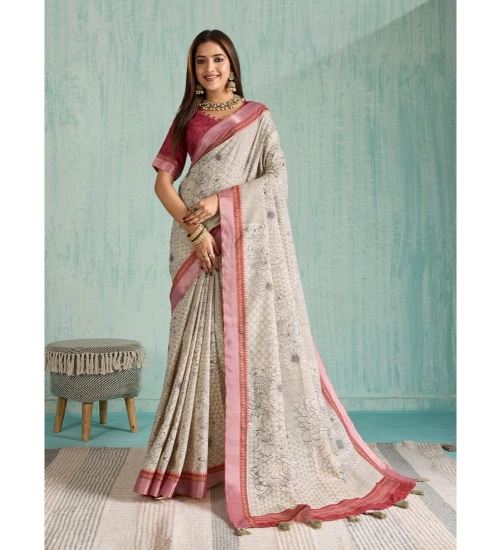Women's Silk Blend Printed Saree With Unstitched Blouse 5.5Mtr (Beige)