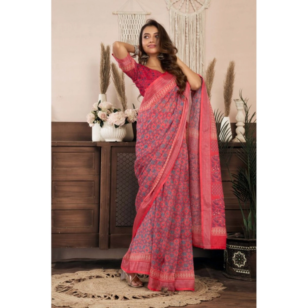 Women's Linen Cotton Printed Ready To Wear Saree With Unstitched Blouse 5.5 Mtr (Red) Women's Linen Cotton Printed Ready To Wear Saree With Unstitched Blouse 5.5 Mtr (Red)