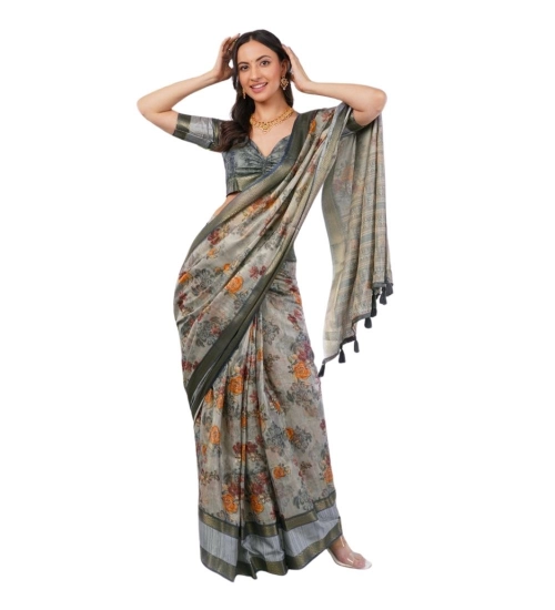 Women's Polyester Printed Ready To Wear Saree With Unstitched Blouse 5.5 Mtr (Light Grey)