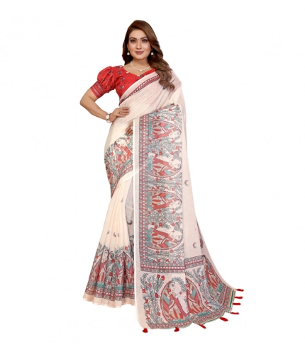 Women's Linen Cotton Printed Saree With Unstitched Blouse 5.5Mtr (Off White)