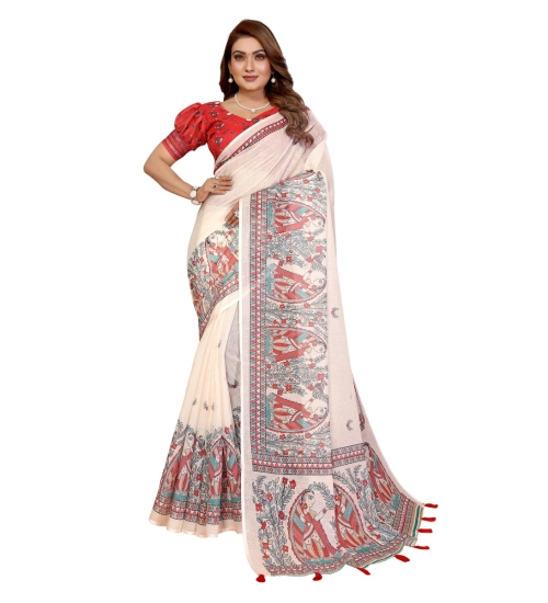 Women's Linen Cotton Printed Saree With Unstitched Blouse 5.5Mtr (Off White)