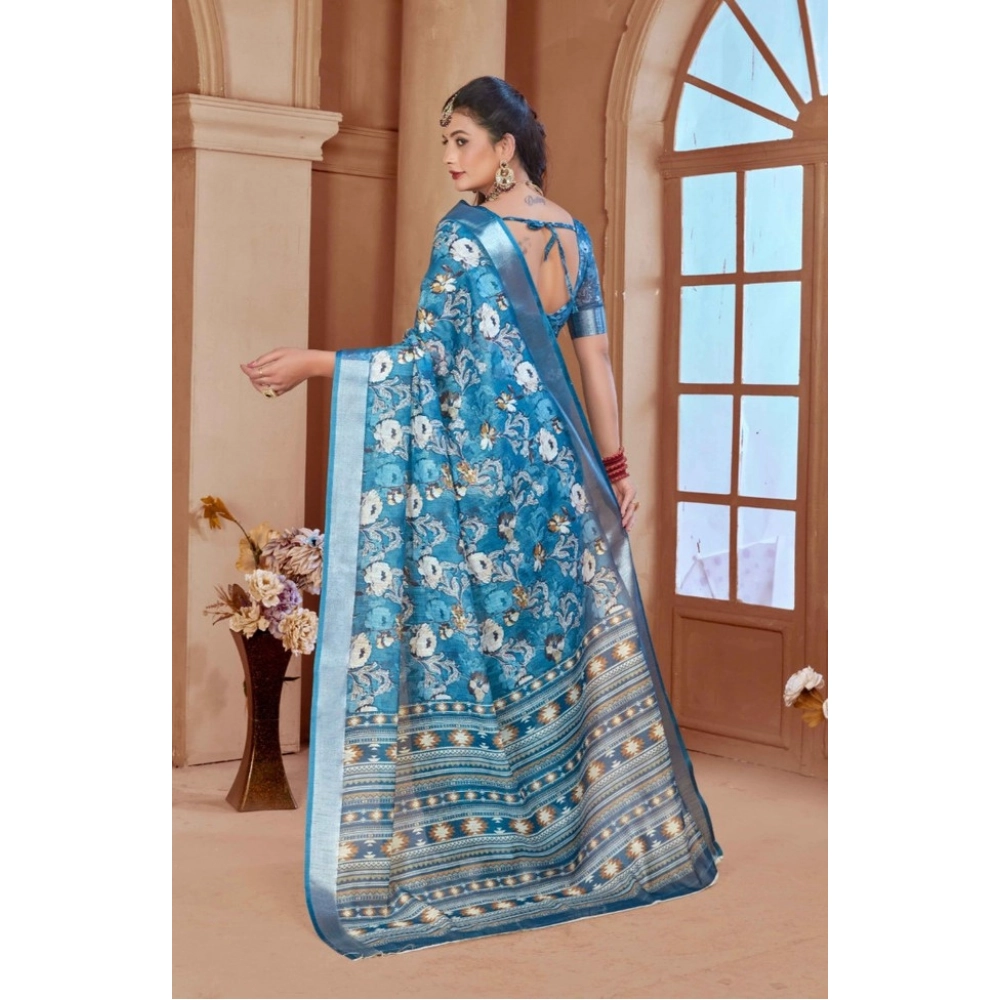Women's Printed Cotton Linen Saree withPrinted  Saree With Unstitched Blouse (Blue, 5-6Mtrs)