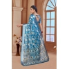 Dropship Women's Printed Cotton Linen Saree withPrinted  Saree With Unstitched Blouse (Blue, 5-6Mtrs)