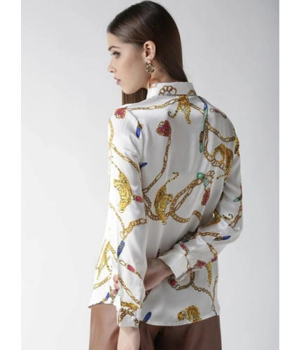 Women's Satin Printed Long Sleeves Shirt (White-Gold)