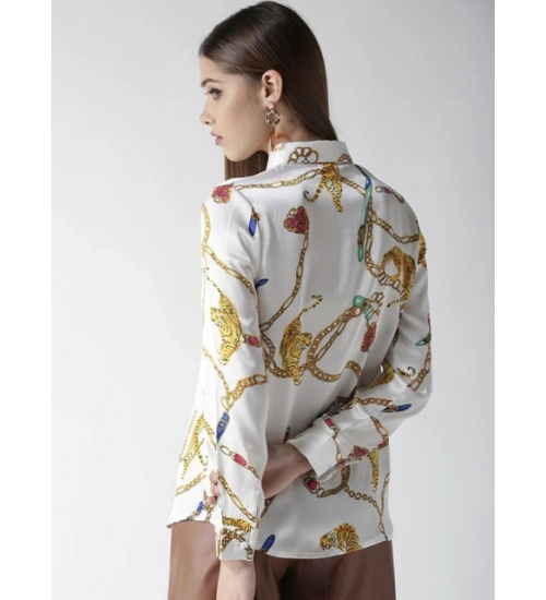 Women's Satin Printed Long Sleeves Shirt (White-Gold)