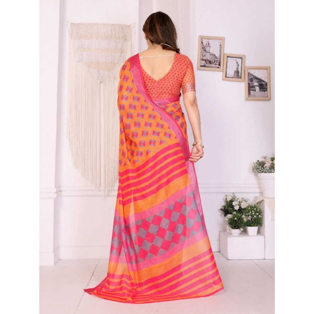 Women's Linen Cotton  Printed Saree With Unstitched Blouse 5.5Mtr (Orange )
