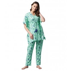 Women's Rayon Floral Kaftan Sleeve Night Suit (Green - Blue)