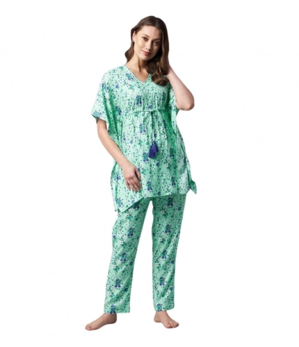 Women's Rayon Floral Kaftan Sleeve Night Suit (Green - Blue)