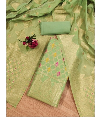 Women's Banarasi Silk Printed Unstitched Salwar Suit Material With Dupatta (Pista, 3Mtrs)
