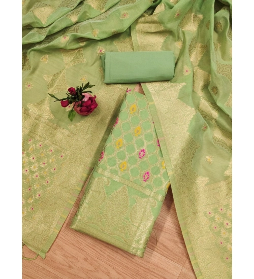 Women's Banarasi Silk Printed Unstitched Salwar Suit Material With Dupatta (Pista, 3Mtrs)