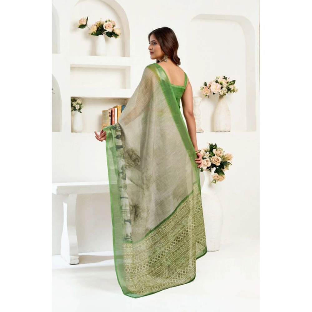 Women's Linen Cotton Printed Ready To Wear Saree With Unstitched Blouse 5.5 Mtr (Light_Green)