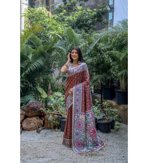 Women's Faux_Tussar Geometric_Print Saree With Unstitched Blouse 5.5Mtr (Coffee)
