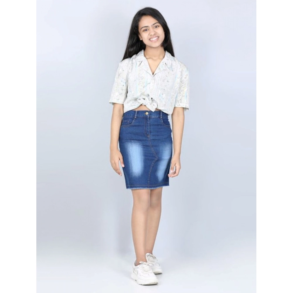 Girl's Denim Solid Buttoned Skirt (Blue) Girl's Denim Solid Buttoned Skirt (Blue)