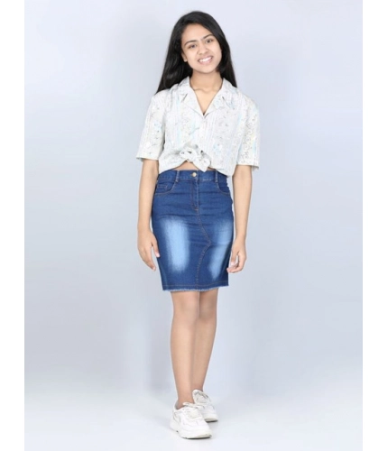 Girl's Denim Solid Buttoned Skirt (Blue)