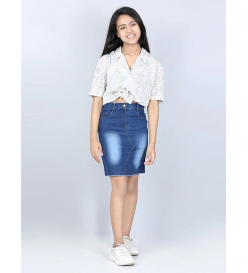 Girl's Denim Solid Buttoned Skirt (Blue)