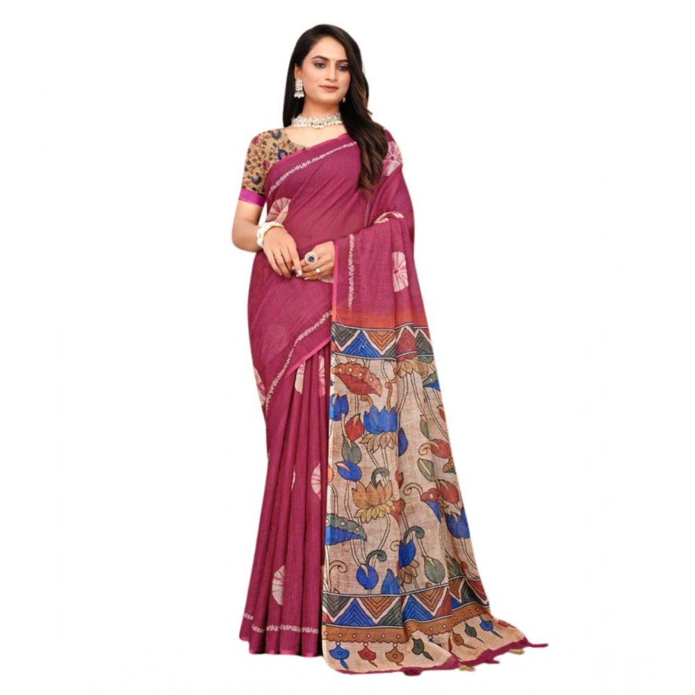 Women's Linen Printed Saree With Unstitched Blouse 5.5Mtr (Purple) Women's Linen Printed Saree With Unstitched Blouse 5.5Mtr (Purple)