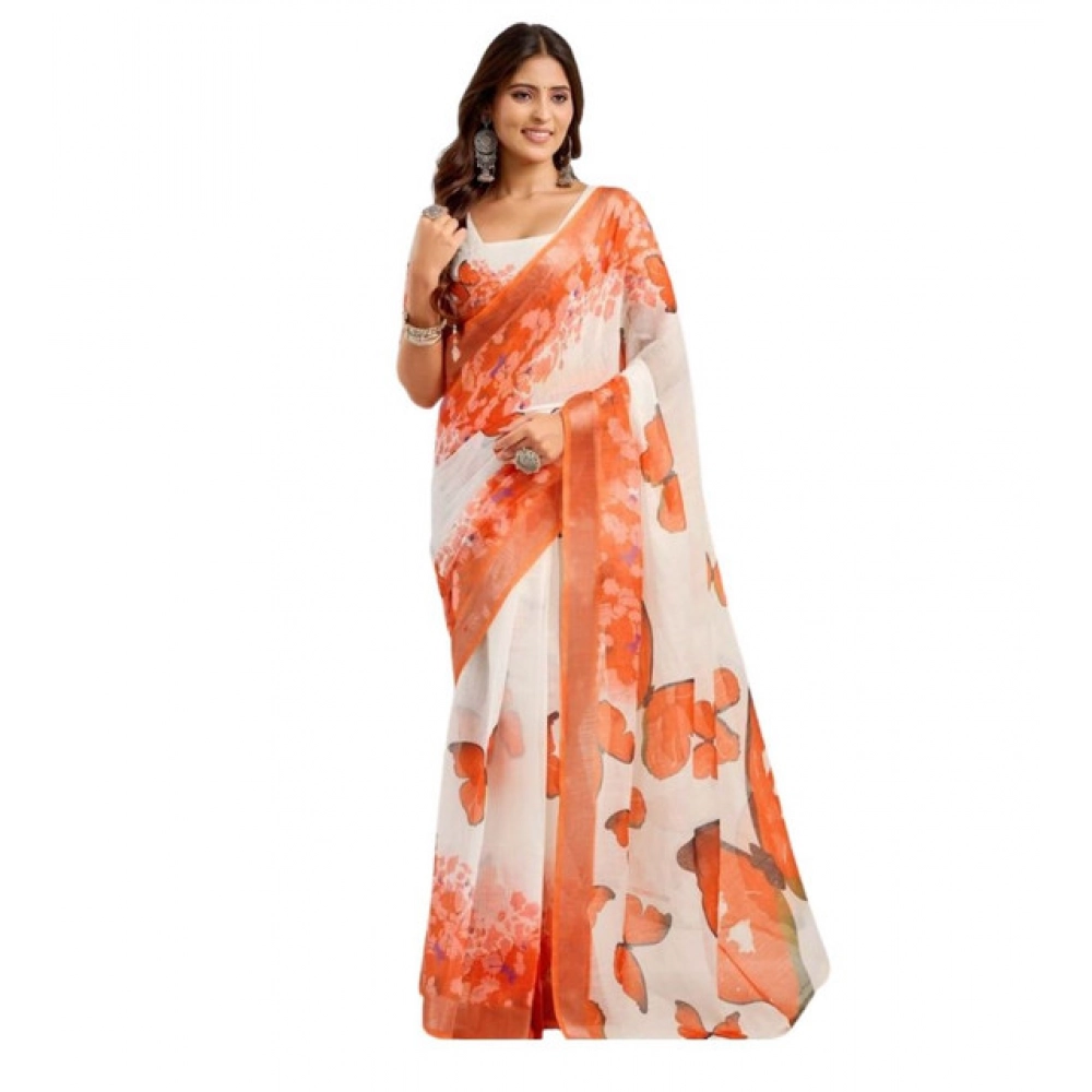 Women's Linen Cotton Printed Ready To Wear Saree With Unstitched Blouse 5.5 Mtr (Orange) Women's Linen Cotton Printed Ready To Wear Saree With Unstitched Blouse 5.5 Mtr (Orange)