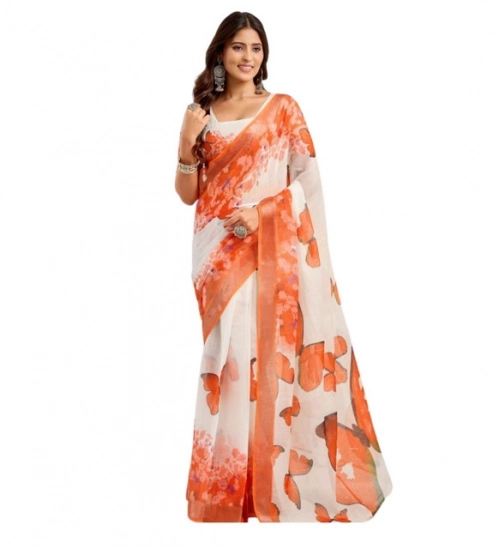 Women's Linen Cotton Printed Ready To Wear Saree With Unstitched Blouse 5.5 Mtr (Orange)