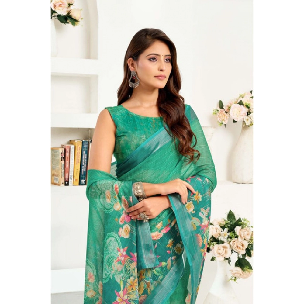 Women's Linen Cotton Printed Ready To Wear Saree With Unstitched Blouse 5.5 Mtr (Green)