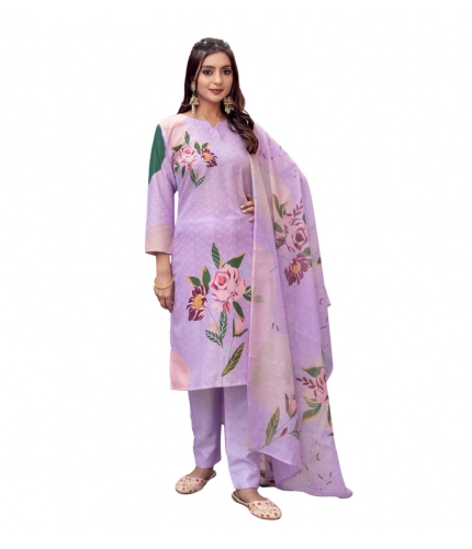 Women's Cotton Blend Printed Kurti With Pant Dupatta Set (Lavender)