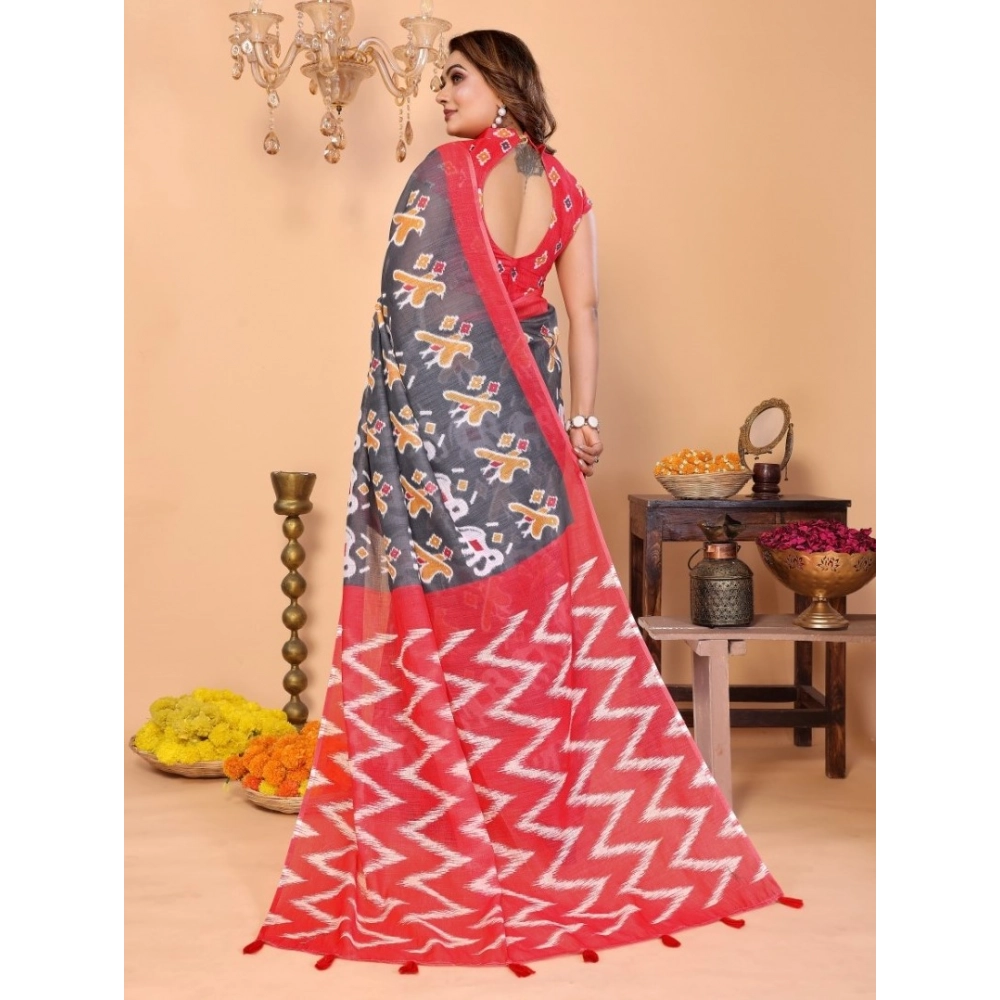 Women's Linen Cotton Printed Saree With Unstitched Blouse 5.5Mtr (Grey) Women's Linen Cotton Printed Saree With Unstitched Blouse 5.5Mtr (Grey)