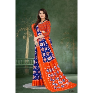Generic Women's Soft Pure Cotton Printed Saree With Unstitched Blouse 5.5Mtr (Blue)
