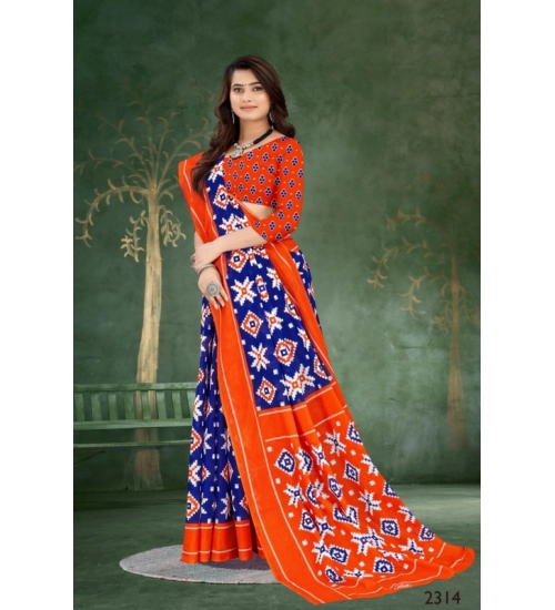 Women's Soft Pure Cotton Printed Saree With Unstitched Blouse 5.5Mtr (Blue)