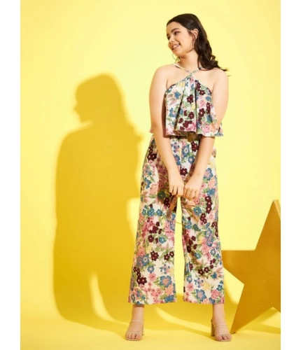 Girl's Polyester Crepe Floral Sleeveless Jumpsuit (Multicolor)