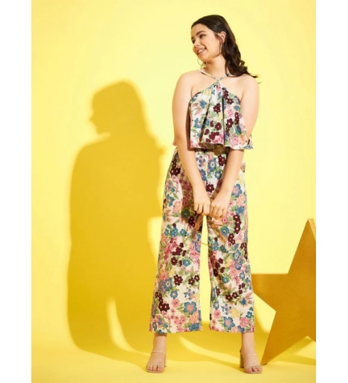 Girl's Polyester Crepe Floral Sleeveless Jumpsuit (Multicolor)