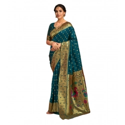 Women's Silk Blend Zari Weaving Saree With Unstitched Blouse 5.5Mtr (Teal)