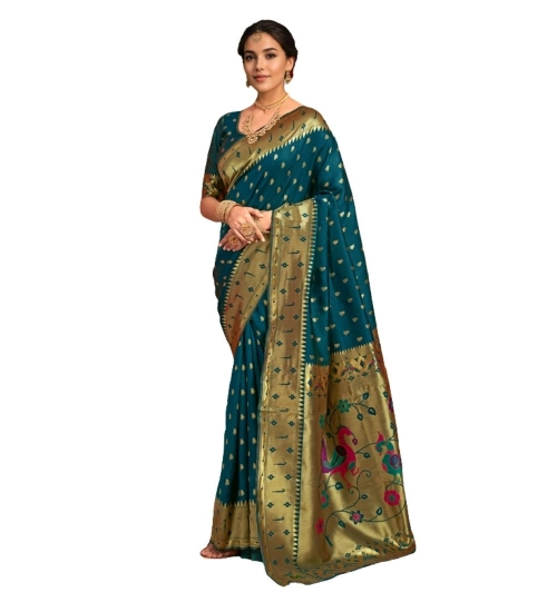 Women's Silk Blend Zari Weaving Saree With Unstitched Blouse 5.5Mtr (Teal)