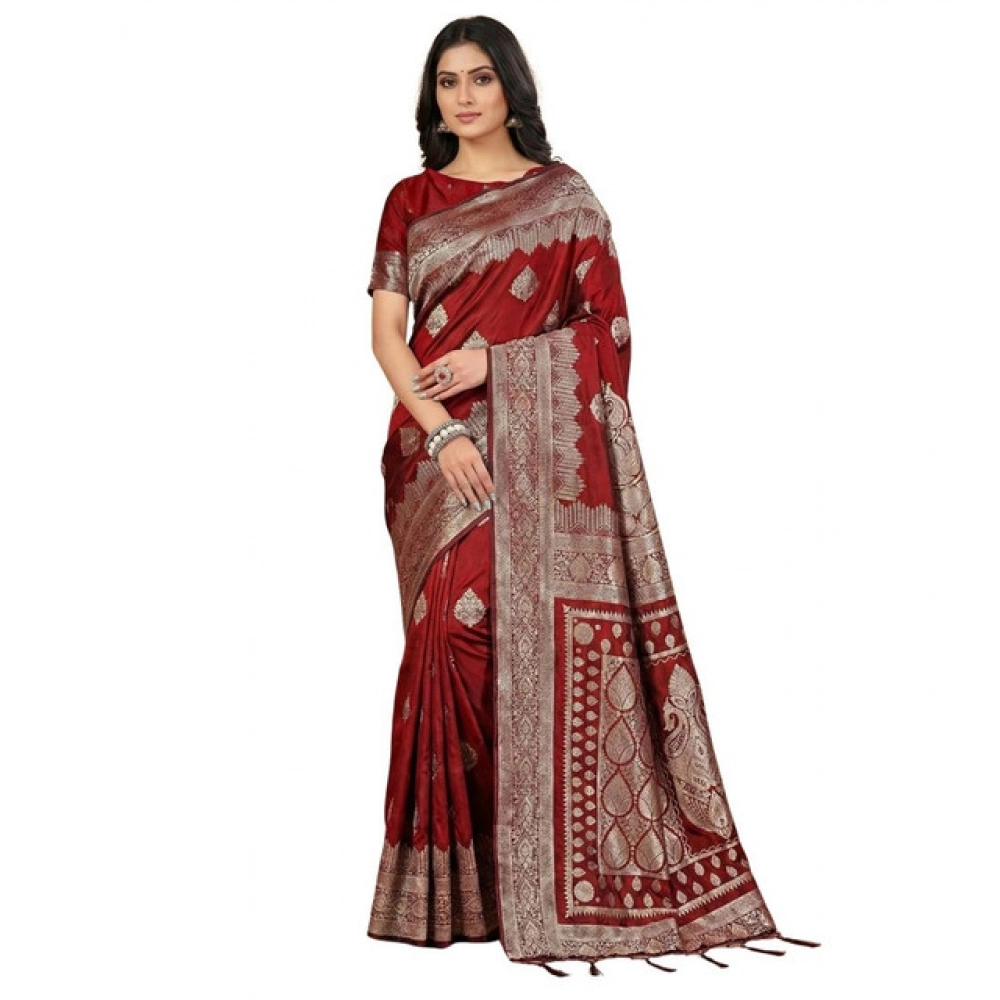 Women's Silk Blend Printed Saree With Unstitched Blouse 5.5Mtr (Maroon) Women's Silk Blend Printed Saree With Unstitched Blouse 5.5Mtr (Maroon)