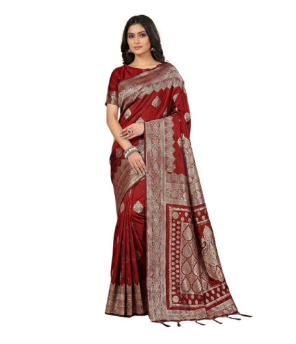 Women's Silk Blend Printed Saree With Unstitched Blouse 5.5Mtr (Maroon)