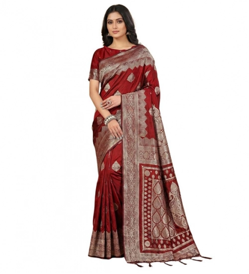 Women's Silk Blend Printed Saree With Unstitched Blouse 5.5Mtr (Maroon)