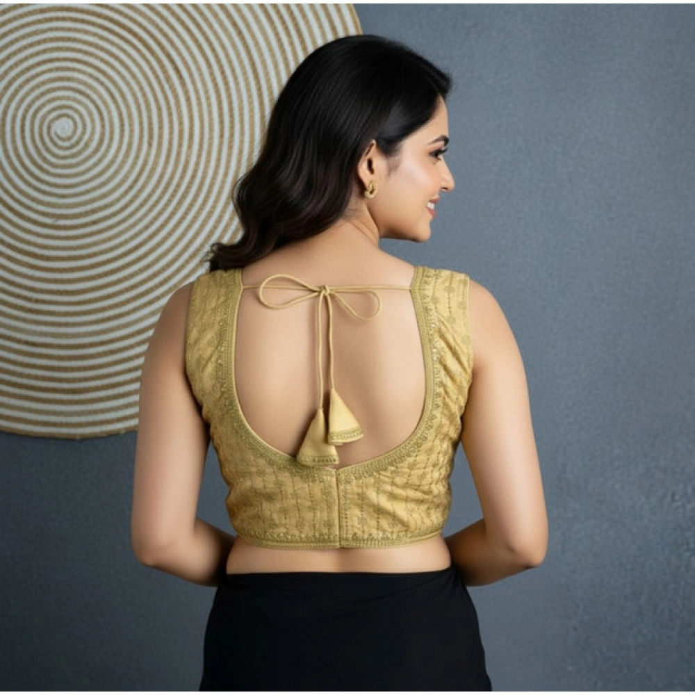 Women's Silk Blend Embroidered V-Neck Non Padded Blouse (Beige 38 Ready (Alterable up to 42)