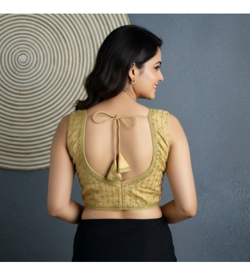 Women's Silk Blend Embroidered V-Neck Non Padded Blouse (Beige 38 Ready (Alterable up to 42)