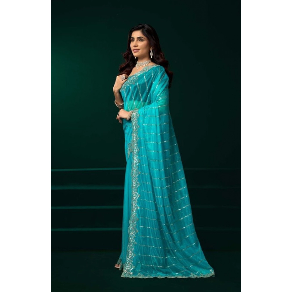 Women's Net Sequence Saree With Unstitched Blouse 5.5Mtr (Turquoise) Women's Net Sequence Saree With Unstitched Blouse 5.5Mtr (Turquoise)