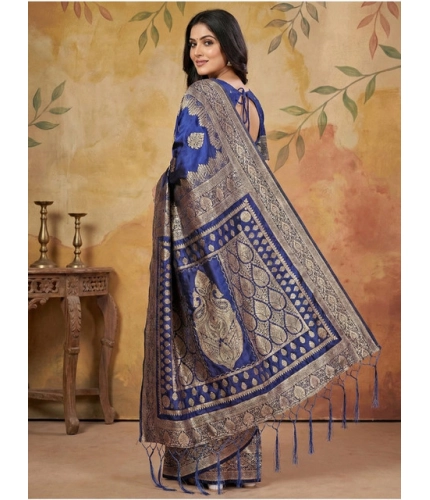 Women's Silk Blend Printed Saree With Unstitched Blouse 5.5Mtr (Navy Blue)