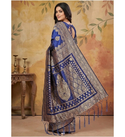 Women's Silk Blend Printed Saree With Unstitched Blouse 5.5Mtr (Navy Blue)